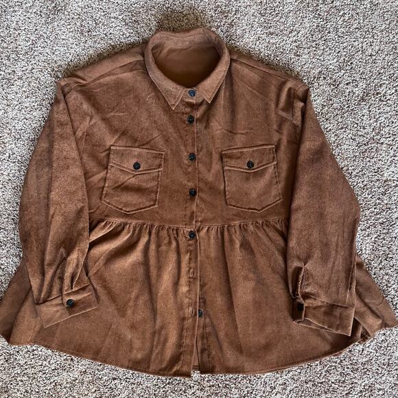 Emery Rose Tops - Brown Corduroy Babydoll Peplum Button Down‎ Shirt